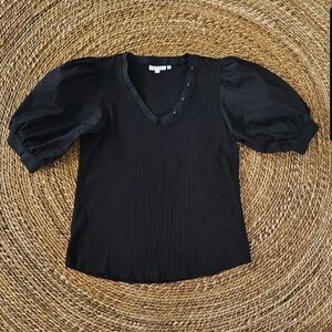 Chico's Puffed Sleeve Black V-Neck Ribbed Top w/ Button Accents